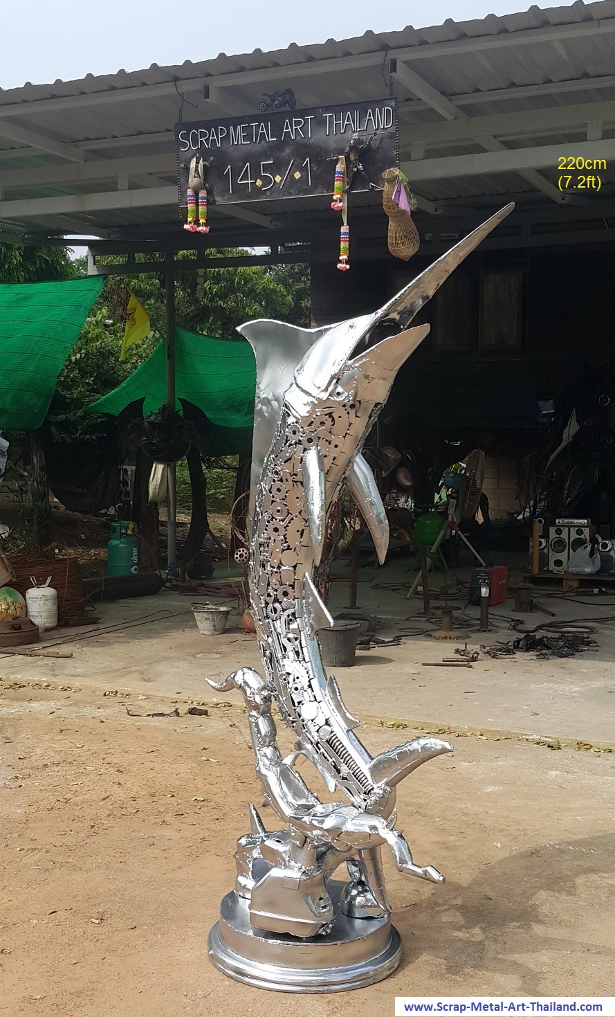 Black Marlin sculpture statue - life size scrap metal animal art from Thailand