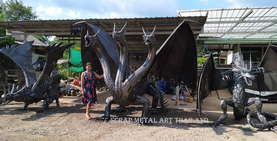 Dragon Statues Sculptures for sale, three-headed, Life Size Metal Animal Sculpture Art from Thailand
