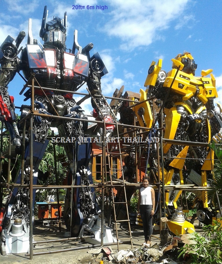 Giant Optimus Prime and Bumblebee Transformers statues for sale, life size scrap metal Transformers sculptures from Thailand