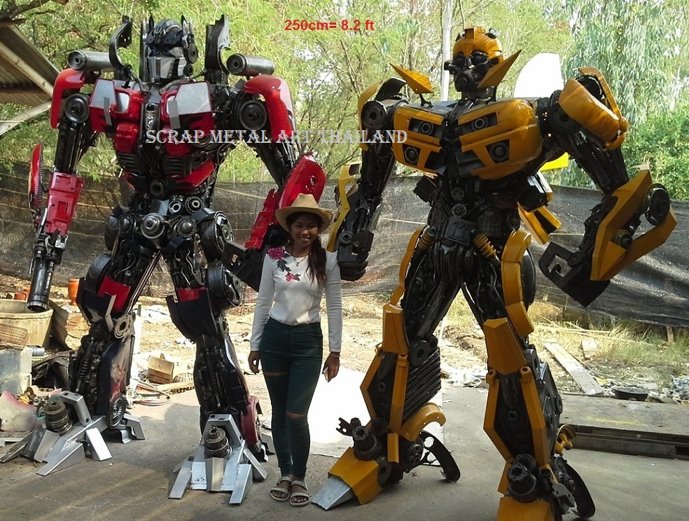 Optimus Prime and Bumblebee Transformers statues for sale, life size scrap metal Transformers sculptures from Thailand