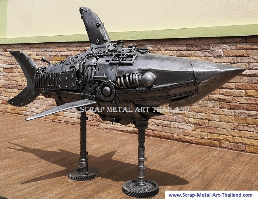 Steampunk Shark sculpture - Recycled Scrap Metal Art from Thailand