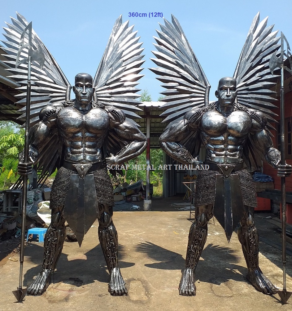 Winged guards, from mythology, life size scrap metal art from Thailand