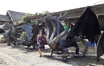 Dragon Statues Sculptures for sale, three-headed, Life Size Metal Animal Sculpture Art from Thailand