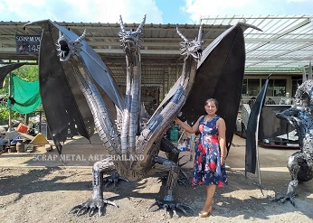 Three headed Dragon statue sculpture, life size scrap metal art from Thailand