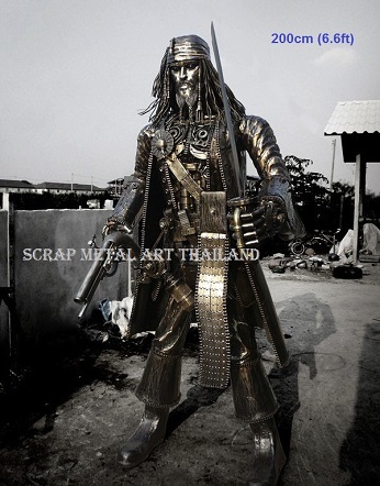 Jack Sparrow statue for sale, life size scrap metal Jack Sparrow sculpture from Thailand