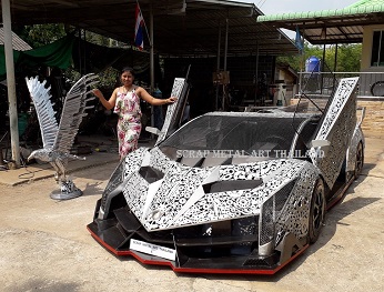 Lamborghini Veneno replica - showing scissor doors - Life Size supercar Scrap Metal Art from Thailand