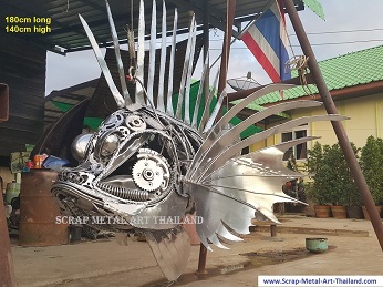 Lionfish sculpture statue - life size scrap metal animal art from Thailand
