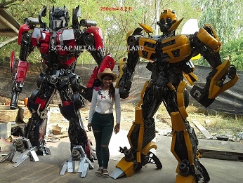 Optimus Prime and Bumblebee Transformers statues for sale, life size scrap metal Transformers sculptures from Thailand