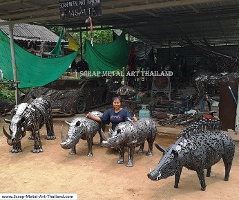 Rhino statues for sale, life size metal Rhino and Wild Boar sculptures - Metal Animal Art from Thailand