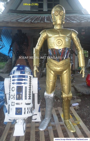 Star Wars C3PO and R2D2 statues for sale, life size scrap metal Star Wars sculptures from Thailand