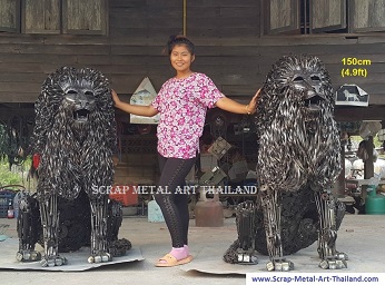 Twin Lion statues for sale, life size metal Lion sculptures - Scrap Metal Animal Art from Thailand